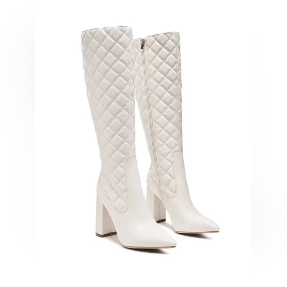 White Quilt Knee High Block Heeled  Boots